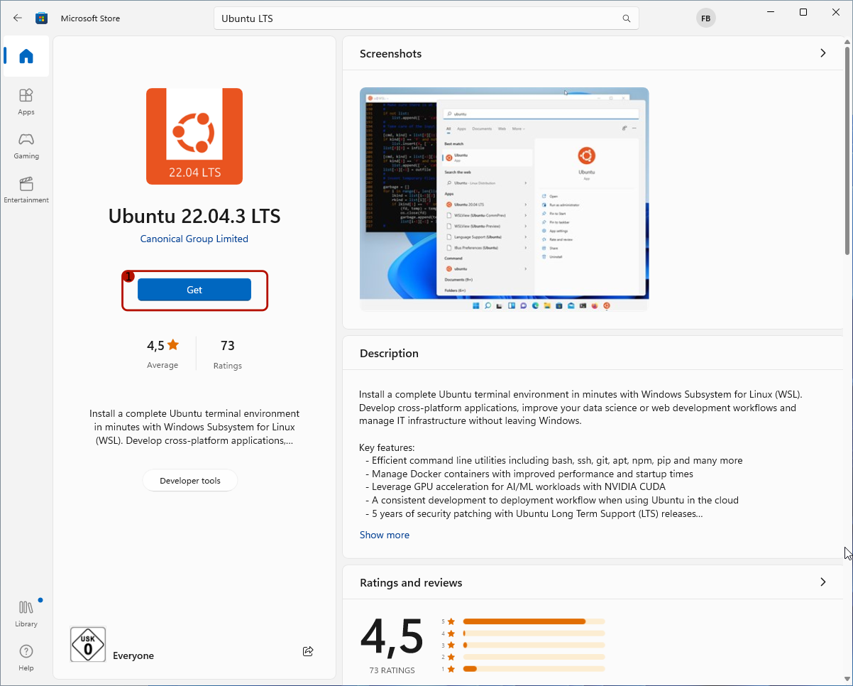 The Ubuntu LTS page in the Windows Store