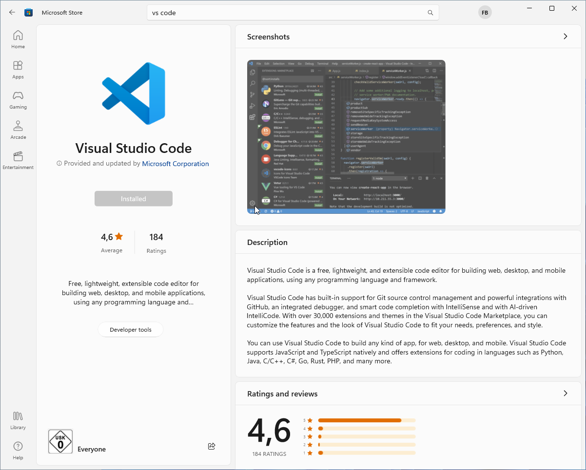 Windows Store completed installing VS Code