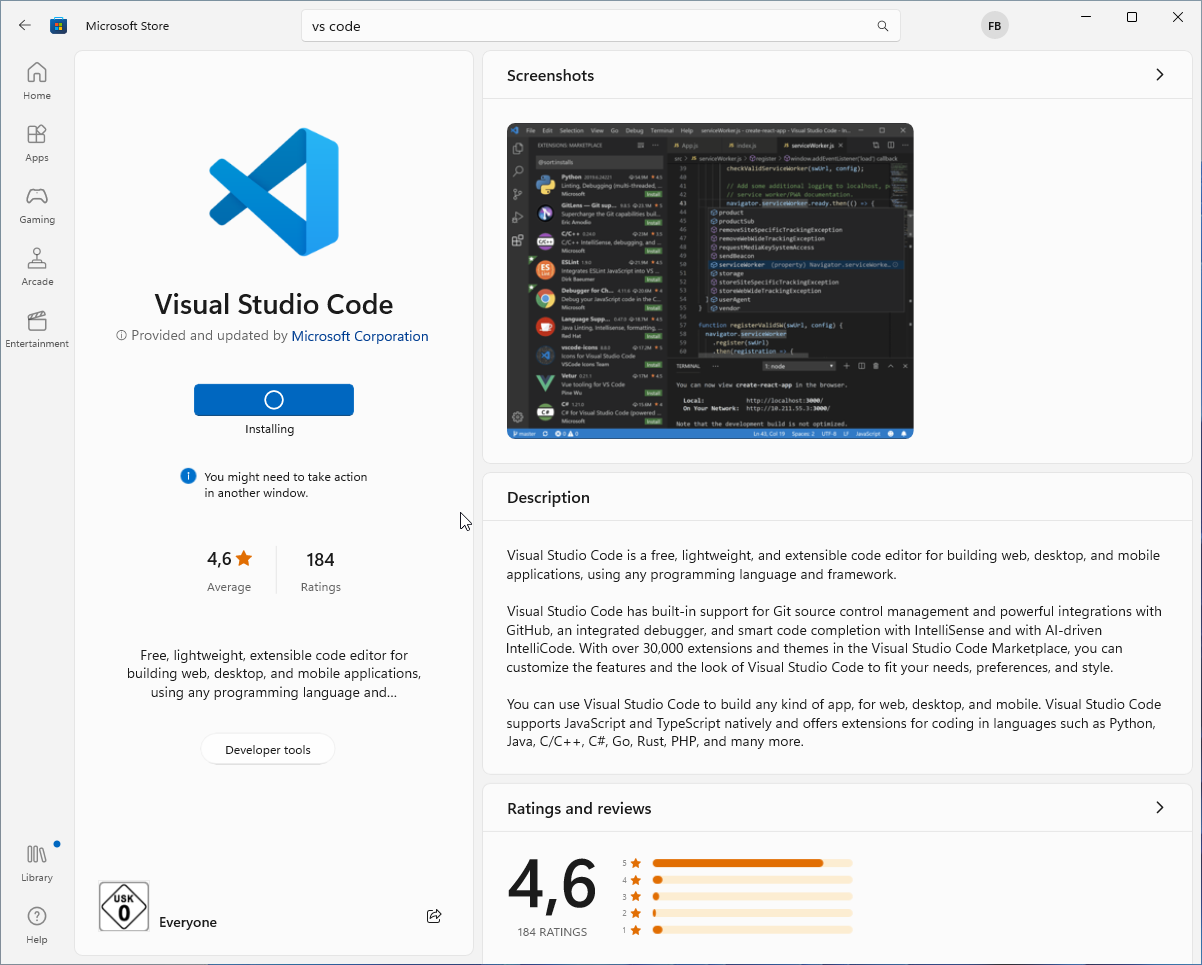 Windows Store installing VS Code