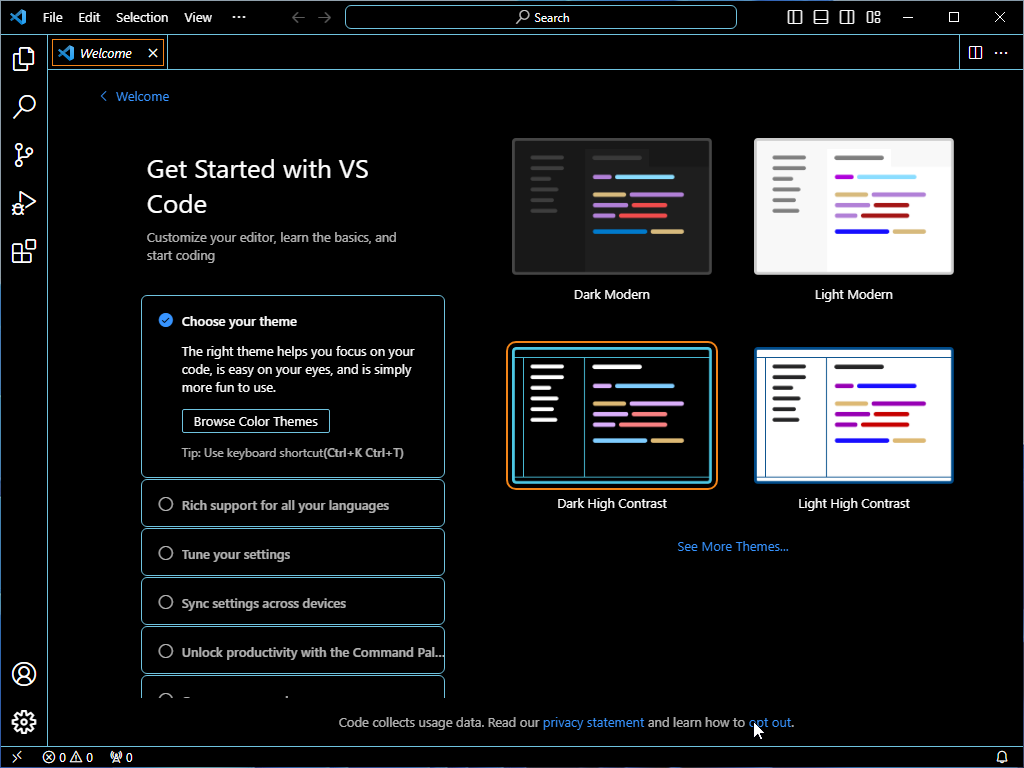 First Launch page of VS Code