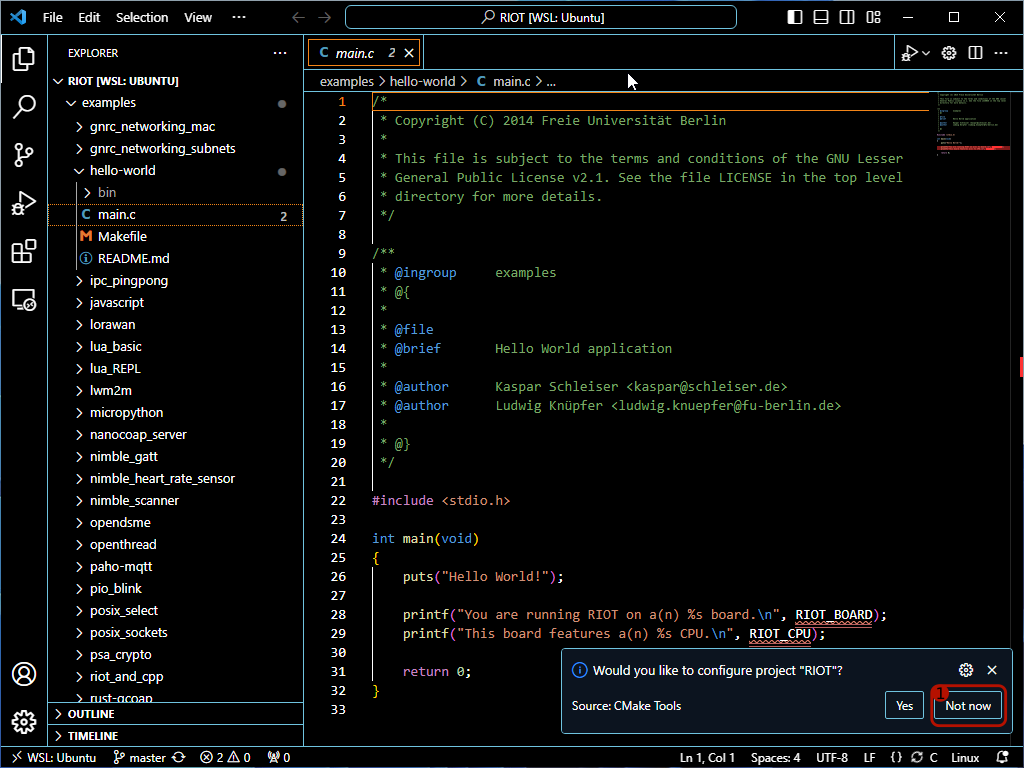 VS Code asking to configure RIOT as CMake project