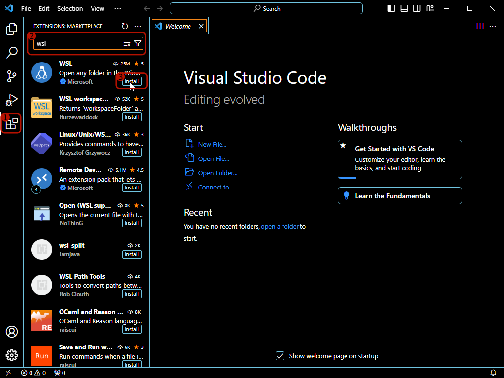 Installation of the WSL extension for VS Code