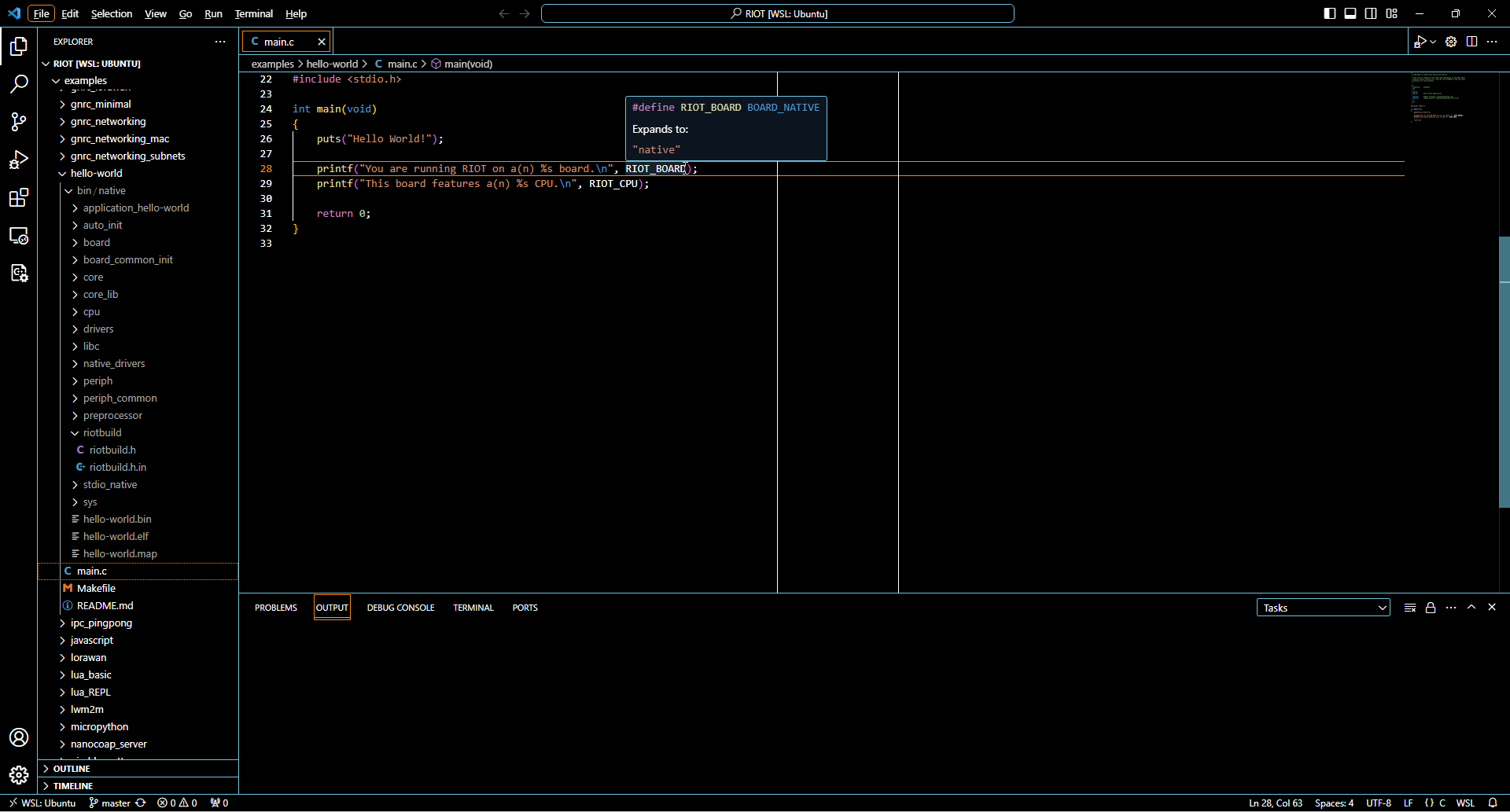 IntelliSense showing that RIOT_BOARD is "native"